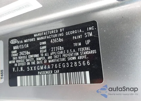 2014 Kia Optima Lx z USA, uszkodzony, nr VIN 5XXGM4A76EG328566